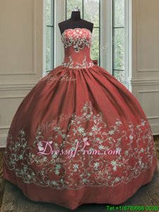 Perfect Strapless Sleeveless Vestidos de Quinceanera Floor Length Embroidery Rust Red Satin