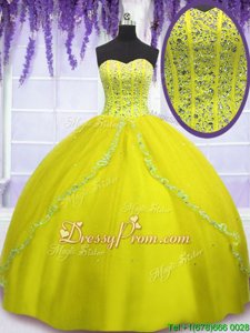 Fashionable Yellow Zipper Sweetheart Beading 15 Quinceanera Dress Tulle Sleeveless