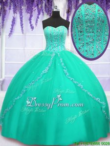 Turquoise Lace Up 15 Quinceanera Dress Beading and Sequins Sleeveless Floor Length