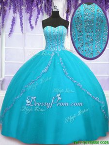 Best Floor Length Backless Vestidos de Quinceanera Aqua Blue and In forMilitary Ball and Sweet 16 and Quinceanera withBeading and Sequins