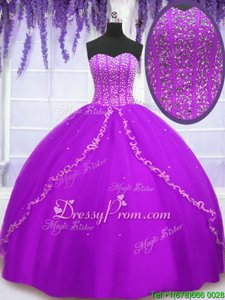 Comfortable Sweetheart Sleeveless 15 Quinceanera Dress Floor Length Beading and Sequins Purple Tulle