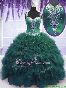 Fashion Dark Green Ball Gowns Beading and Ruffles Sweet 16 Dress Zipper Tulle Sleeveless Floor Length