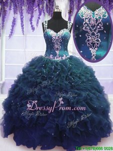 Discount Navy Blue Zipper Straps Beading and Ruffles Quinceanera Gowns Tulle Sleeveless
