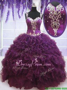Pretty Purple Zipper Quince Ball Gowns Beading and Ruffles Sleeveless Floor Length