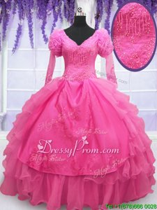 Clearance Floor Length Lace Up Quinceanera Dresses Hot Pink and In forMilitary Ball and Sweet 16 and Quinceanera withBeading and Embroidery and Hand Made Flower