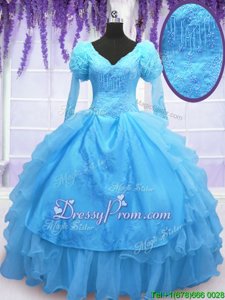 On Sale Long Sleeves Organza Floor Length Lace Up 15 Quinceanera Dress inBaby Blue forSpring and Summer and Fall and Winter withBeading and Embroidery and Hand Made Flower