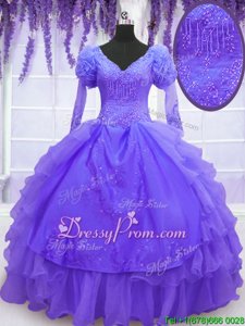 Suitable Long Sleeves Organza Floor Length Lace Up 15 Quinceanera Dress inPurple forSpring and Summer and Fall and Winter withBeading and Embroidery and Hand Made Flower