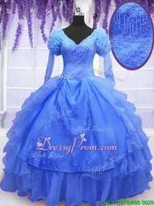 Superior Beading and Embroidery and Hand Made Flower 15 Quinceanera Dress Blue Lace Up Long Sleeves Floor Length