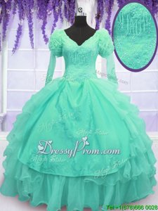 Inexpensive Turquoise V-neck Neckline Beading and Embroidery and Hand Made Flower Quinceanera Dress Long Sleeves Lace Up