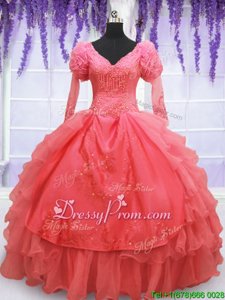 Designer Coral Red V-neck Lace Up Beading and Embroidery 15 Quinceanera Dress Long Sleeves