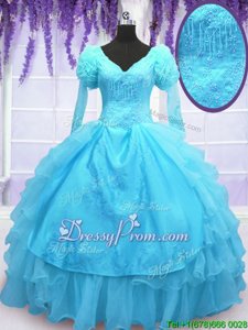 Modern Baby Blue Lace Up V-neck Embroidery 15th Birthday Dress Organza Long Sleeves