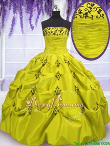 Flirting Yellow Green Taffeta Lace Up 15 Quinceanera Dress Sleeveless Floor Length Embroidery and Ruffled Layers