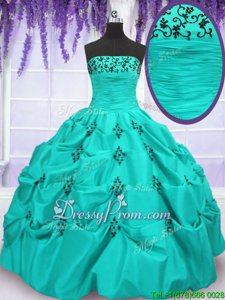 Edgy Floor Length Aqua Blue Quinceanera Gown Taffeta Sleeveless Spring and Summer and Fall and Winter Embroidery and Pick Ups
