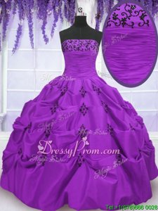 Sumptuous Eggplant Purple Ball Gowns Taffeta Strapless Sleeveless Embroidery and Pick Ups Floor Length Lace Up Ball Gown Prom Dress