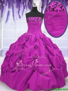 Fitting Taffeta Strapless Sleeveless Lace Up Embroidery and Pick Ups Ball Gown Prom Dress inFuchsia