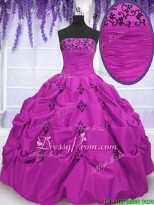 Fitting Taffeta Strapless Sleeveless Lace Up Embroidery and Pick Ups Ball Gown Prom Dress inFuchsia