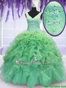 Colorful Spring Green V-neck Neckline Beading and Ruffles Quinceanera Gowns Sleeveless Lace Up