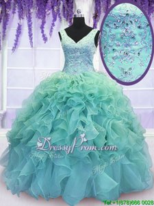 Flirting Blue Organza Lace Up Sweet 16 Quinceanera Dress Sleeveless Floor Length Beading and Embroidery and Ruffles