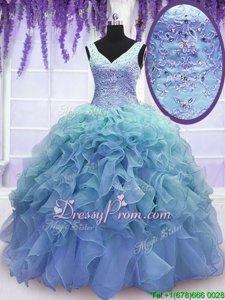Comfortable Blue Organza Lace Up Quinceanera Dress Sleeveless Floor Length Beading and Embroidery and Ruffles