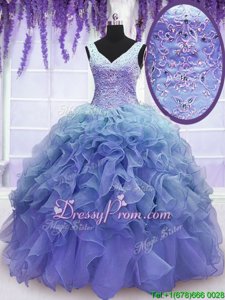 Admirable Purple Vestidos de Quinceanera Military Ball and Sweet 16 and Quinceanera and For withBeading and Embroidery and Ruffles V-neck Sleeveless Lace Up