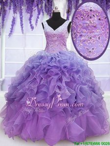 Luxury Sleeveless Floor Length Beading and Embroidery and Ruffles Lace Up Quinceanera Gowns with Lavender