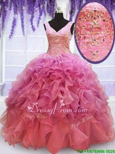 Decent Pink Sleeveless Floor Length Beading and Embroidery and Ruffles Lace Up Quinceanera Gown