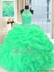 Exceptional Spring Green Organza Lace Up Scoop Sleeveless Floor Length Ball Gown Prom Dress Beading and Pick Ups