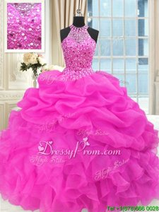 Beauteous Floor Length Lace Up 15th Birthday Dress Hot Pink and In forMilitary Ball and Sweet 16 and Quinceanera withBeading and Pick Ups