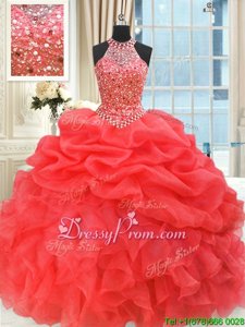 Eye-catching Organza High-neck Sleeveless Lace Up Beading and Pick Ups Sweet 16 Dresses inCoral Red