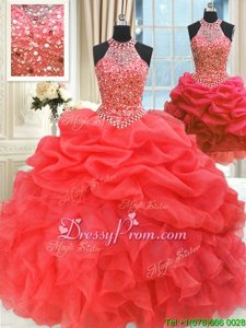 Enchanting Floor Length Lace Up 15th Birthday Dress Watermelon Red and In forMilitary Ball and Sweet 16 and Quinceanera withBeading and Pick Ups