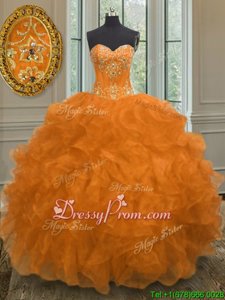 Affordable Sleeveless Organza Floor Length Lace Up Quinceanera Gown inOrange forSpring and Summer and Fall and Winter withBeading and Embroidery and Ruffles