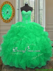 Sweetheart Sleeveless 15th Birthday Dress Floor Length Beading and Embroidery and Ruffles Green Organza