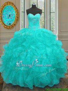Excellent Aqua Blue Sweetheart Lace Up Beading and Embroidery and Ruffles Quinceanera Dress Sleeveless