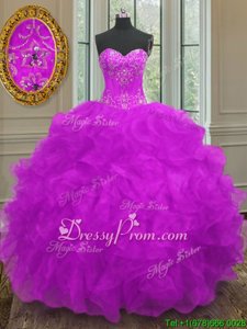 Suitable Purple Organza Lace Up 15 Quinceanera Dress Sleeveless Floor Length Beading and Embroidery and Ruffles