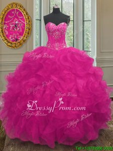 Sleeveless Floor Length Beading and Embroidery Lace Up Quinceanera Dress with Fuchsia