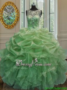 Most Popular Spring Green Lace Up Ball Gown Prom Dress Beading and Ruffles and Pick Ups Sleeveless Floor Length