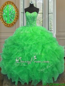 Enchanting Beading and Ruffles Sweet 16 Dress Green Lace Up Sleeveless Floor Length