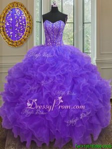 Designer Purple Lace Up Sweetheart Beading and Ruffles Sweet 16 Quinceanera Dress Organza Sleeveless