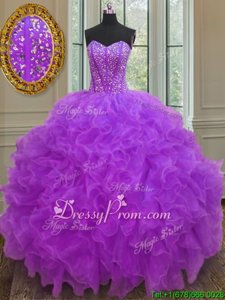 Glittering Purple Organza Lace Up Sweetheart Sleeveless Floor Length Quinceanera Dresses Beading and Ruffles