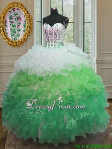 Custom Fit Sleeveless Floor Length Beading and Ruffles and Sashes|ribbons Lace Up Sweet 16 Dress with Multi-color
