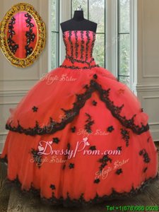Modest Red Sweet 16 Dress Military Ball and Sweet 16 and Quinceanera and For withAppliques Strapless Sleeveless Lace Up