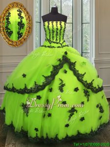 Fashionable Yellow Green Tulle Lace Up Strapless Sleeveless Floor Length Quinceanera Dresses Appliques