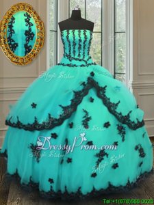 Most Popular Floor Length Lace Up Sweet 16 Quinceanera Dress Turquoise and In forMilitary Ball and Sweet 16 and Quinceanera withAppliques