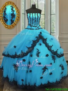 Cute Strapless Sleeveless Sweet 16 Dresses Floor Length Appliques Aqua Blue Tulle