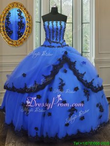 Modern Blue Ball Gowns Tulle Strapless Sleeveless Appliques Floor Length Lace Up Vestidos de Quinceanera