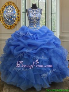 Unique Blue Ball Gowns Beading and Ruffles Quinceanera Dress Lace Up Organza Sleeveless Floor Length