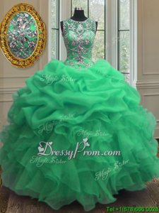 Attractive Scoop Sleeveless Lace Up Ball Gown Prom Dress Green Organza