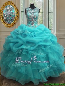 On Sale Baby Blue Sleeveless Organza Lace Up Quinceanera Dress forMilitary Ball and Sweet 16 and Quinceanera