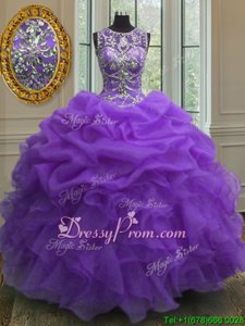 New Style Purple Organza Lace Up Vestidos de Quinceanera Sleeveless Floor Length Beading and Ruffles and Pick Ups