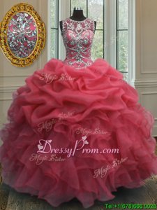 Inexpensive Spring and Summer and Fall and Winter Organza Sleeveless Floor Length 15th Birthday Dress andBeading and Ruffles and Pick Ups